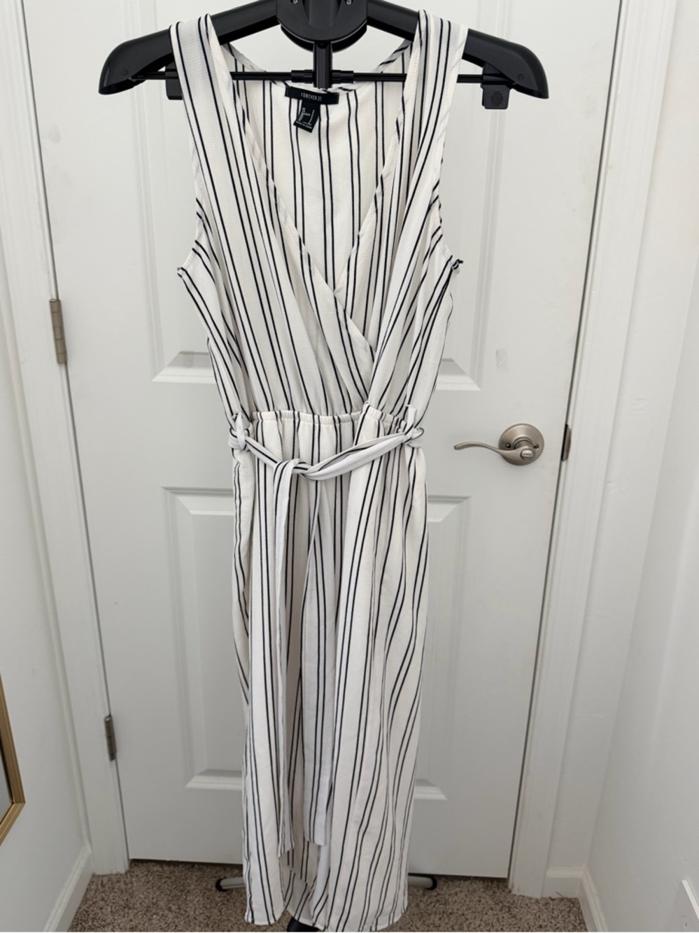 Forever 21 | White & Black Striped Sleeveless Jumpsuit with Waist Tie